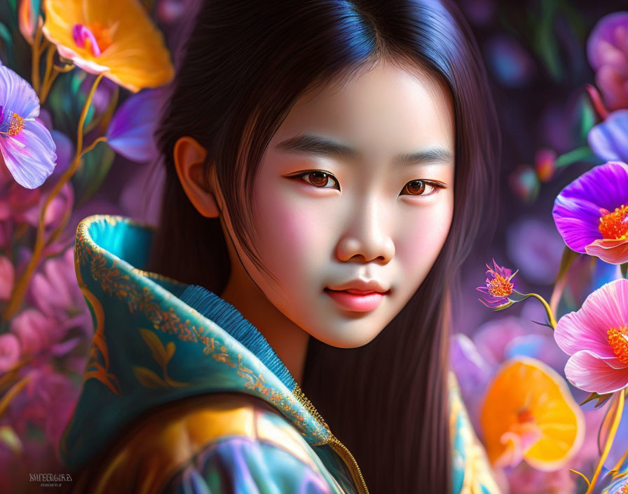 Vivid Digital Painting of Young Girl Surrounded by Colorful Flowers