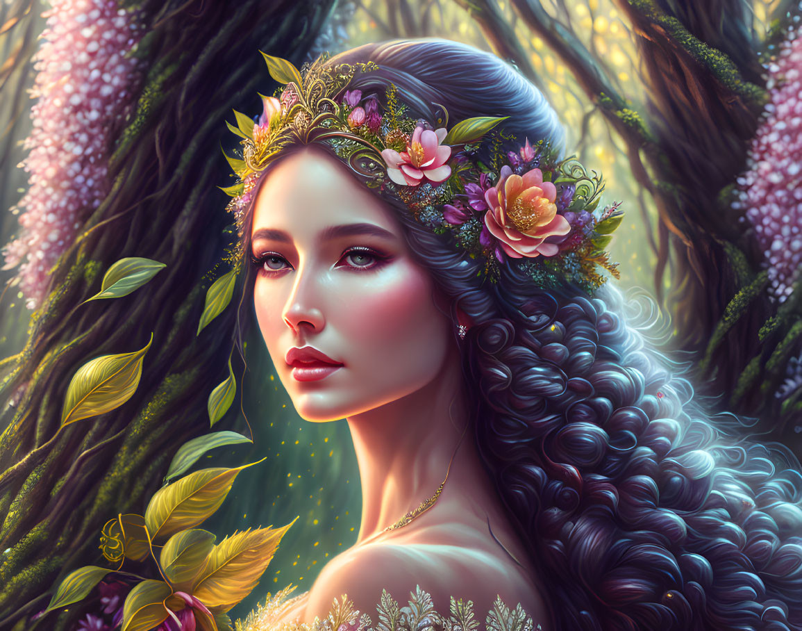 Woman with floral crown and flowing hair in serene forest scene