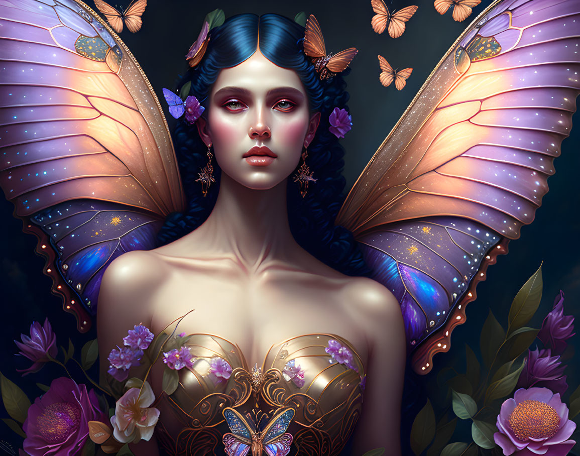 Fantasy portrait of a winged woman with butterfly wings and flowers