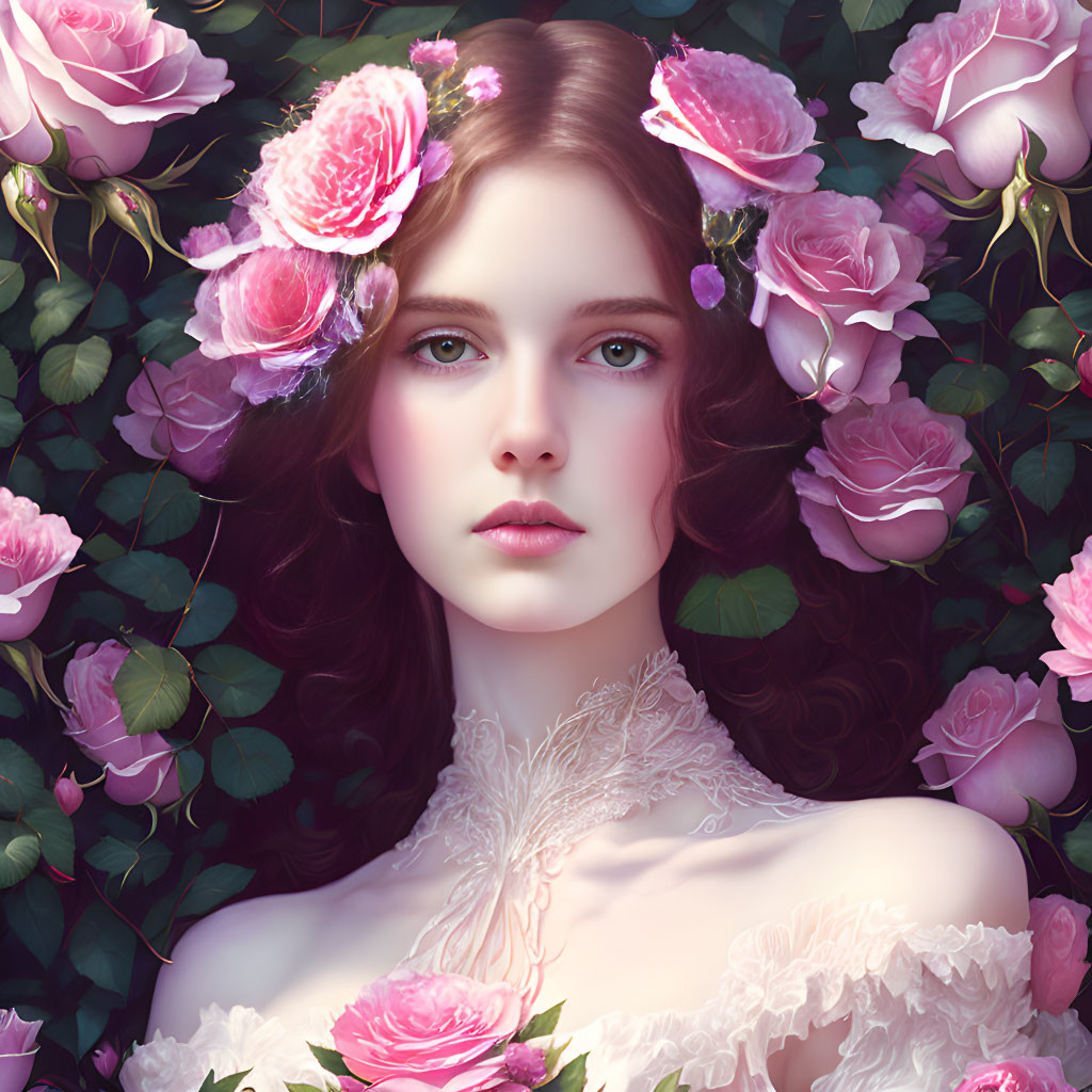 Digital Artwork: Woman with Green Eyes Surrounded by Pink Roses