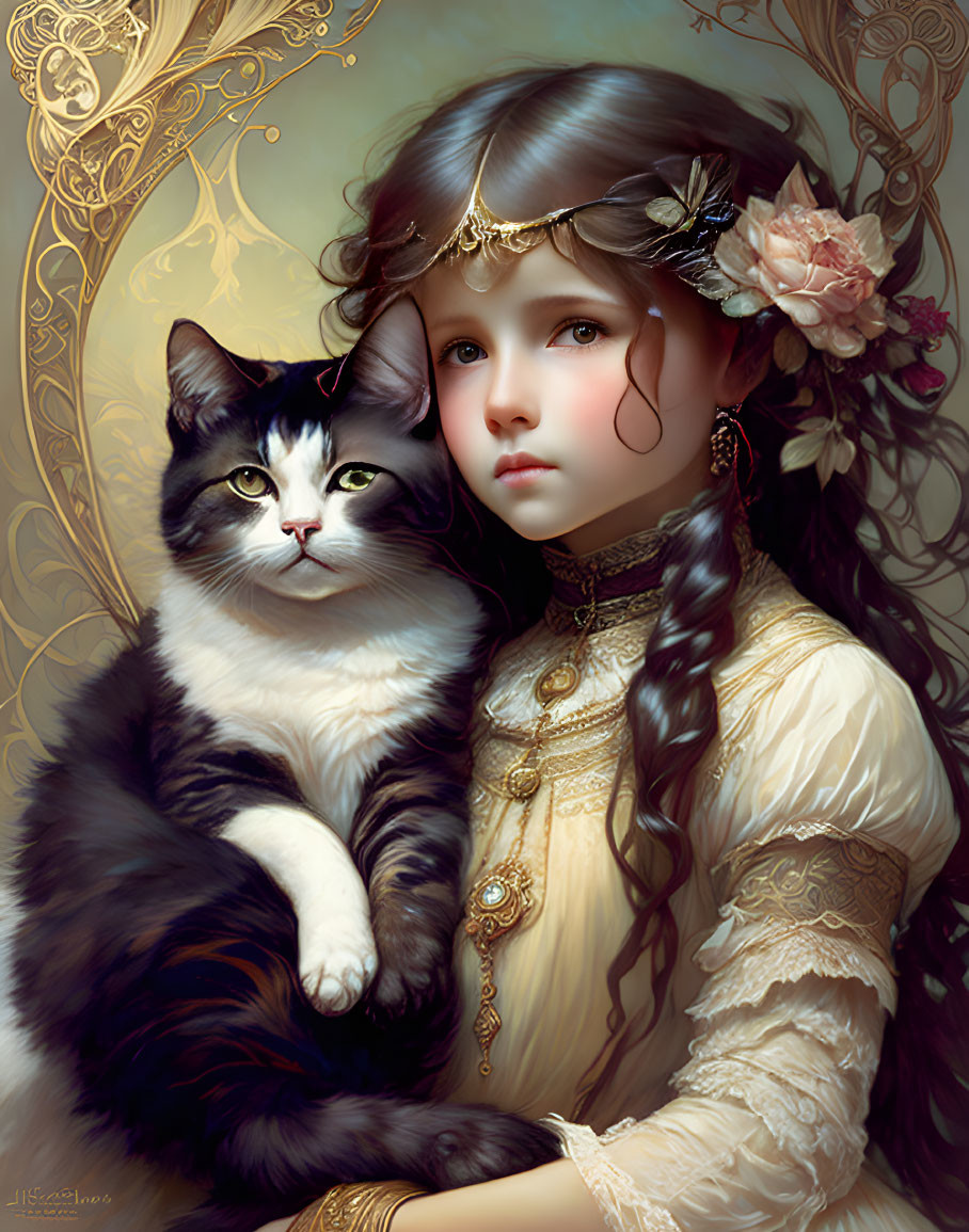 Young girl with braided hair holding a cat against golden backdrop