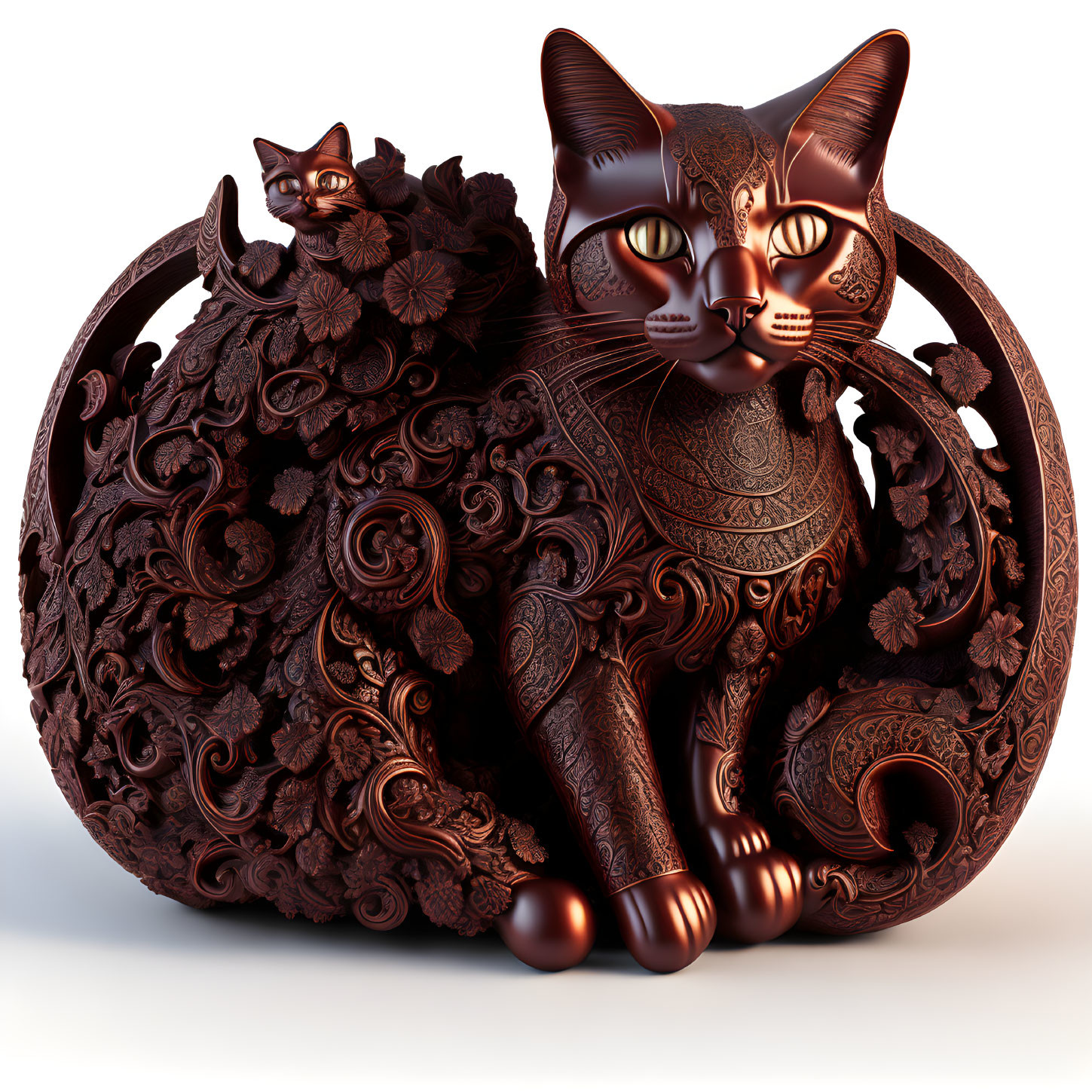 Ornate 3D-rendered cats with floral patterns in rich brown hue