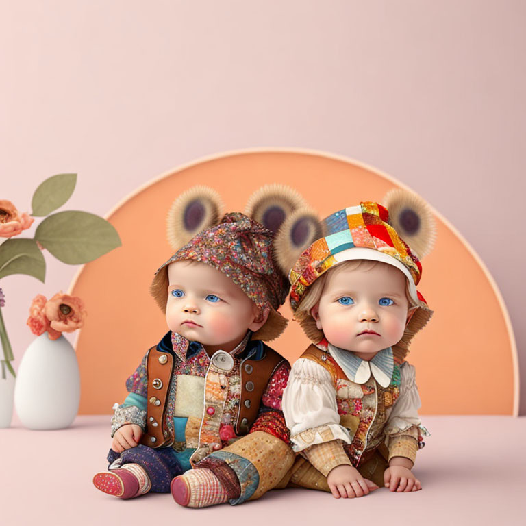 Vintage dolls in colorful outfits against pink background with flowers