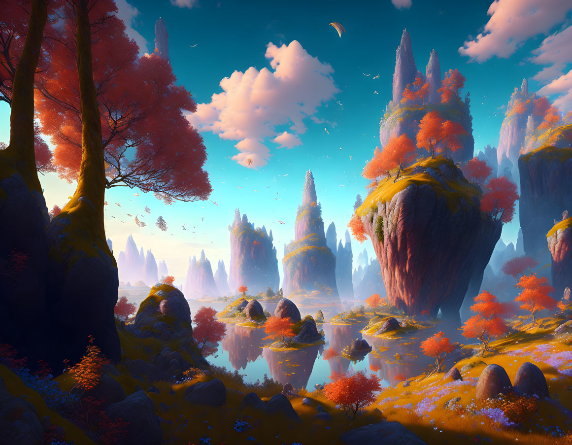 Fantasy landscape with floating rocks, autumn trees, serene waters, blue sky