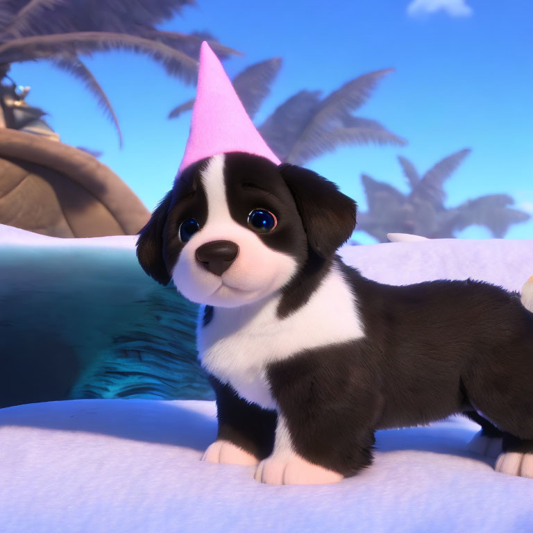 Black and white animated puppy in pink party hat on snowy surface with palm trees