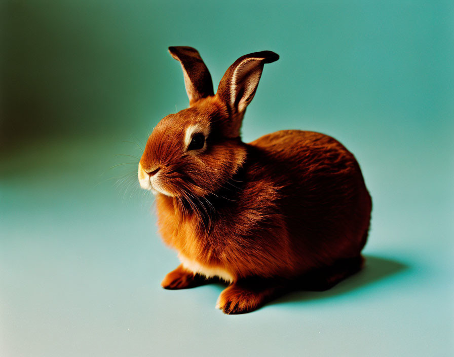 Reddish-Brown Rabbit with Upright Ears Against Teal Background