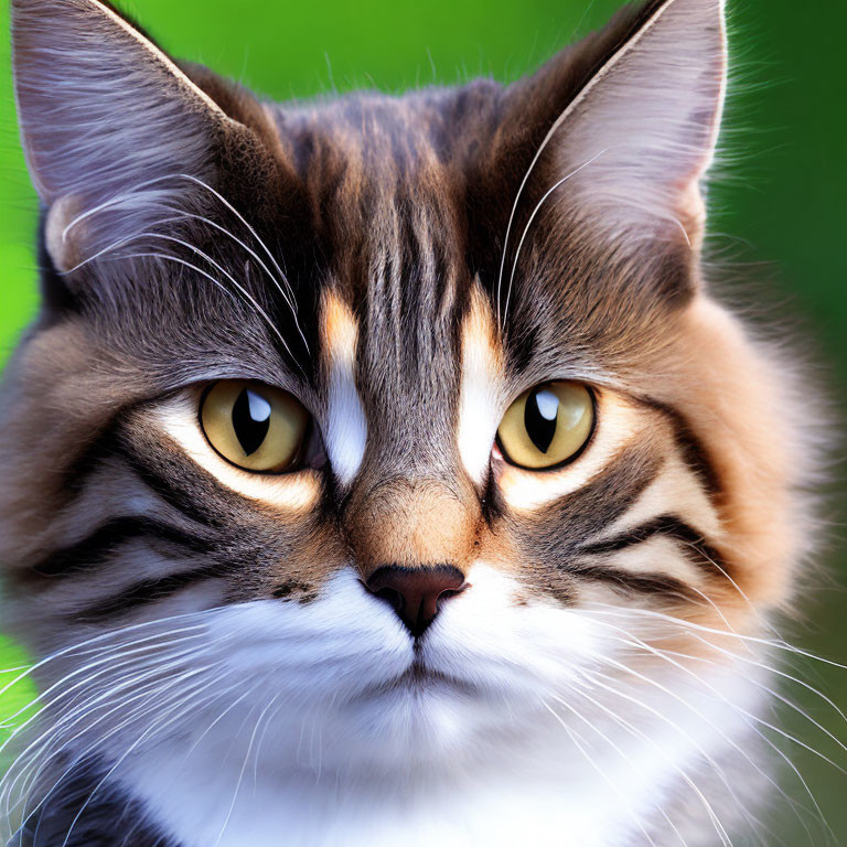 Fluffy tabby cat with yellow eyes and distinct markings on green background
