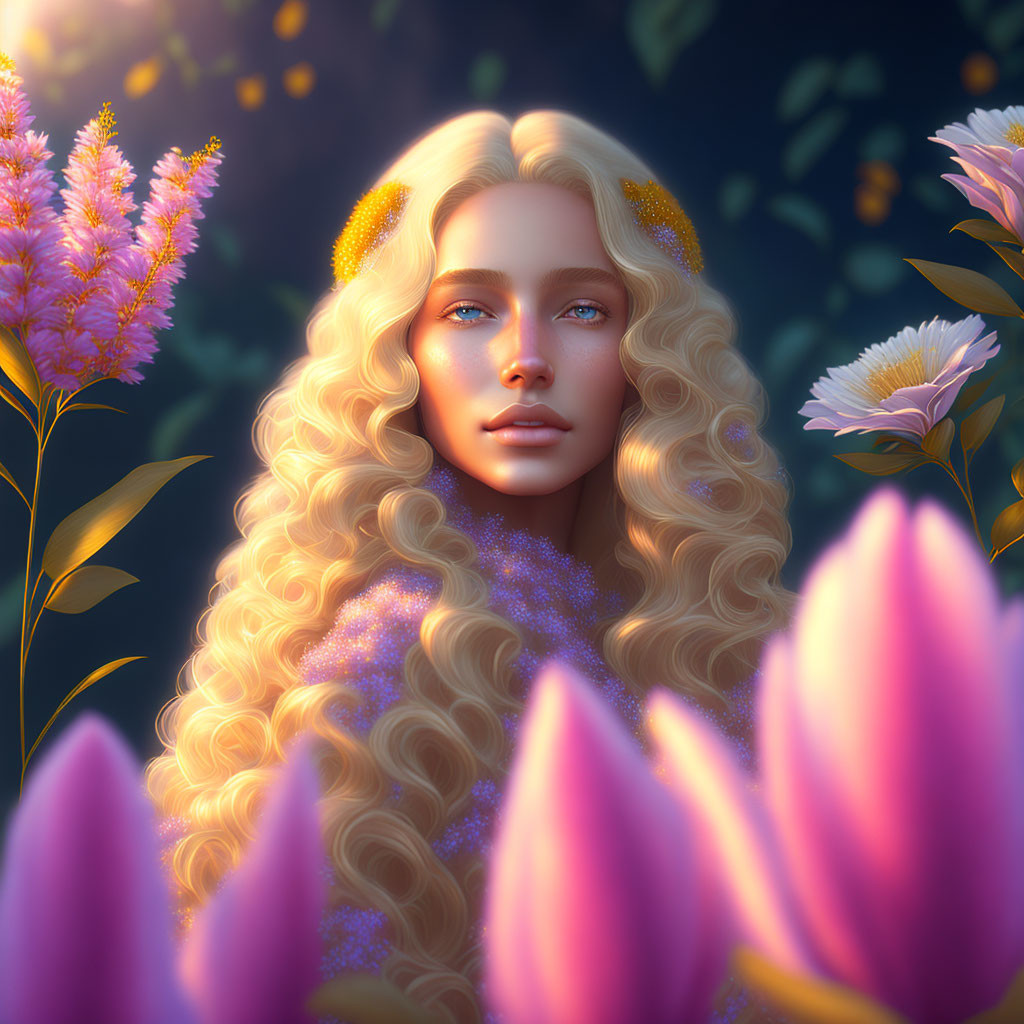 Blonde Woman Portrait with Blue Eyes in Twilight Garden