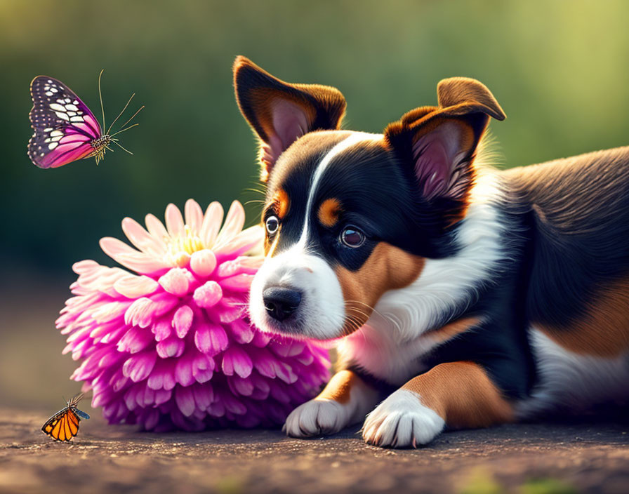 The dog is playing with a butterfly. It is a warm 