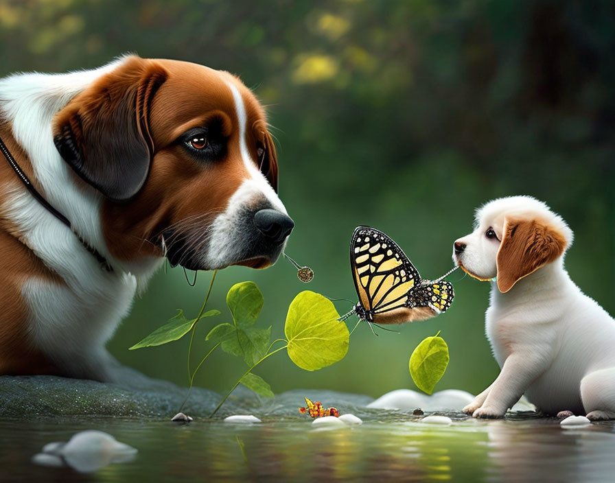 A dog is playing with a butterfly by the river in 