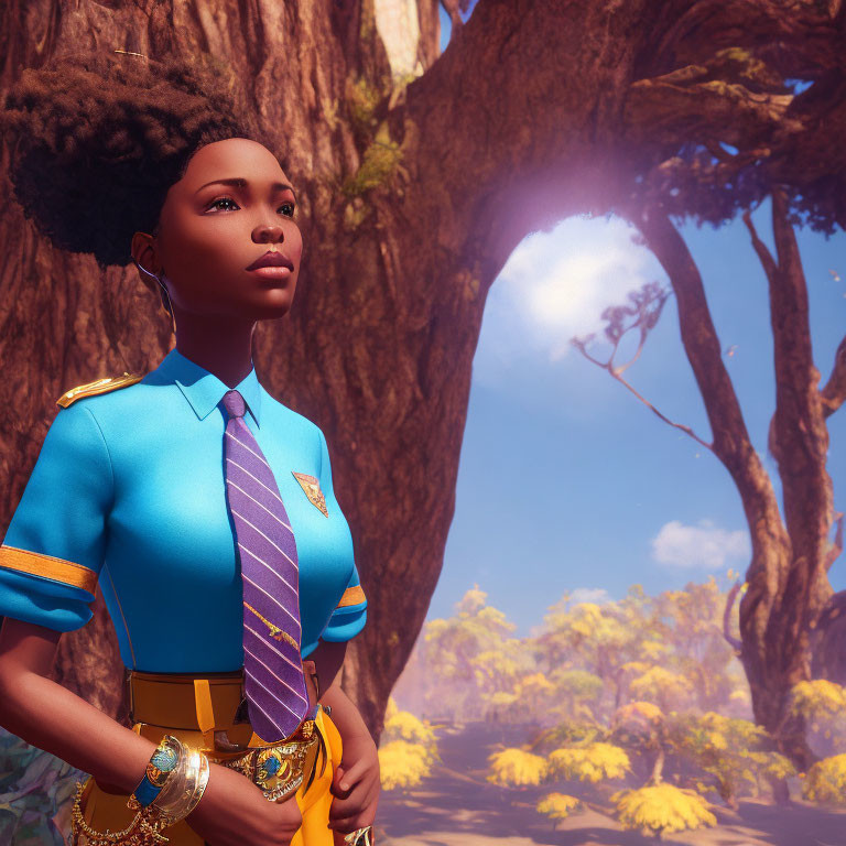 Stylized animation: Woman in blue uniform with badge in sunlit forest