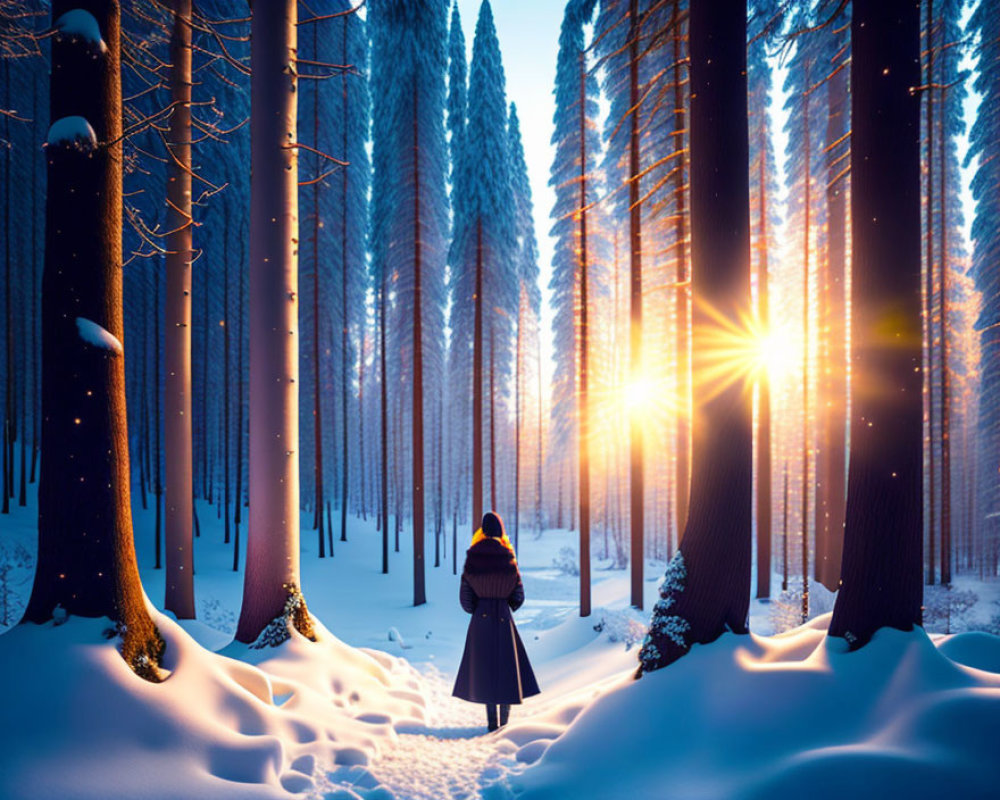 Person in winter coat in snowy forest at sunset with warm glow among tall trees