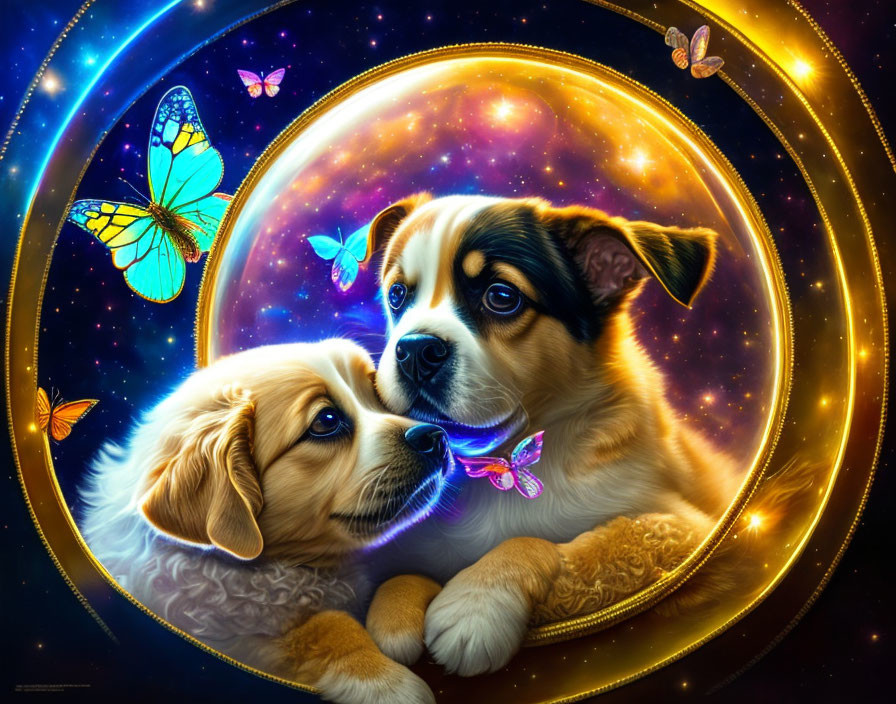 A dog is playing with a butterfly in space.