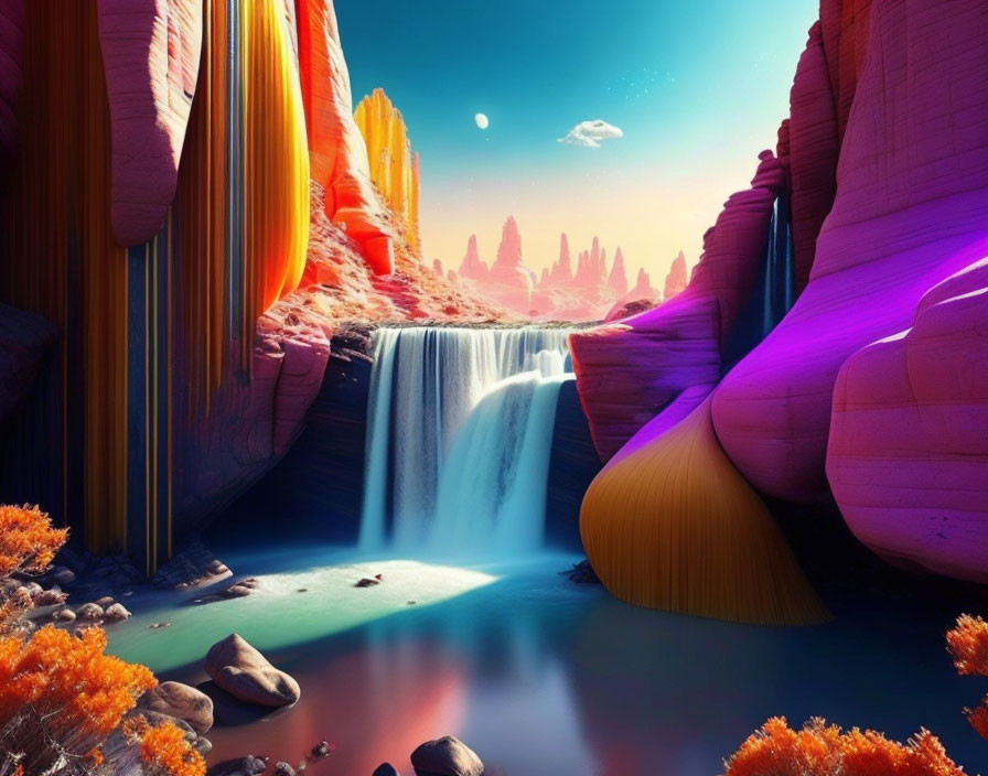 Colorful cliffs, waterfall, and surreal sky in digital artwork