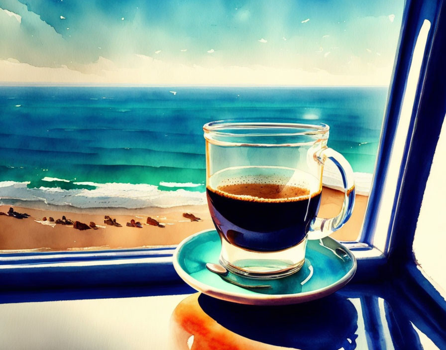 Watercolor painting: Coffee cup on windowsill with beach background