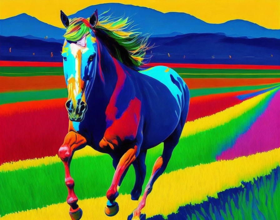 Colorful Horse Running Painting with Striped Fields and Mountains
