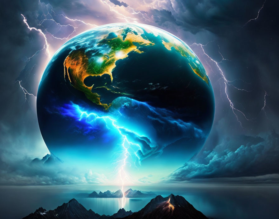 Digital Artwork: Oversized Earth in Stormy Sky with Blue Lightning