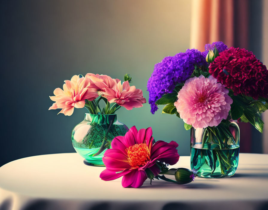 Colorful Flower Arrangement in Glass Vases on Table with Soft Background