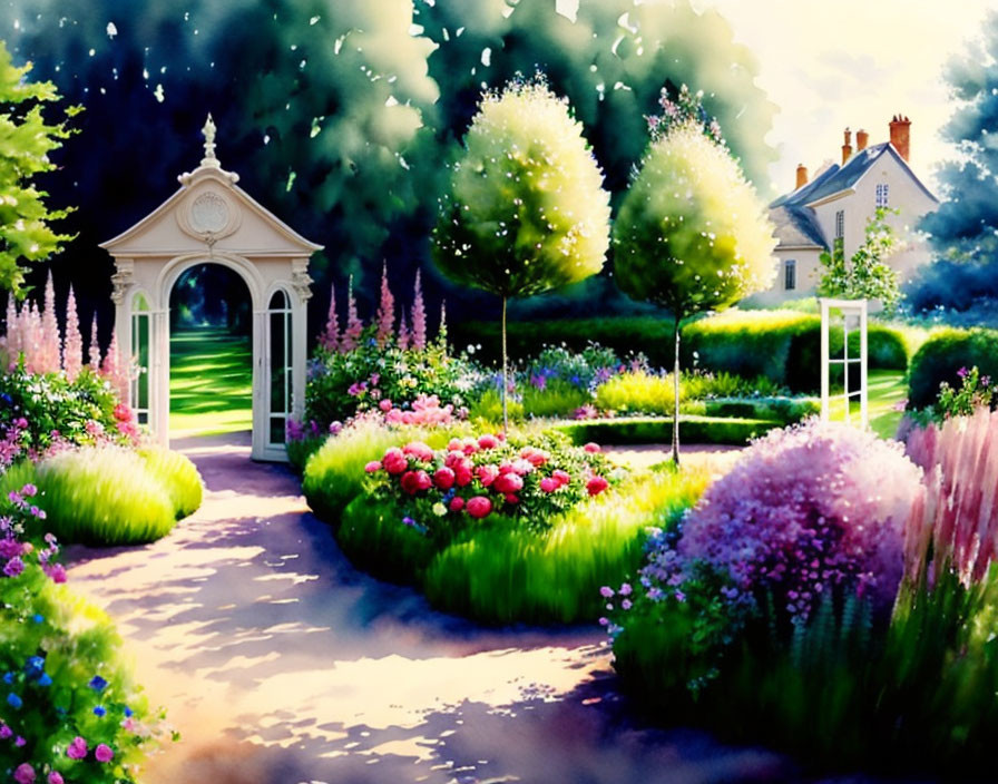Vibrant flower garden path with arched gate and cottage