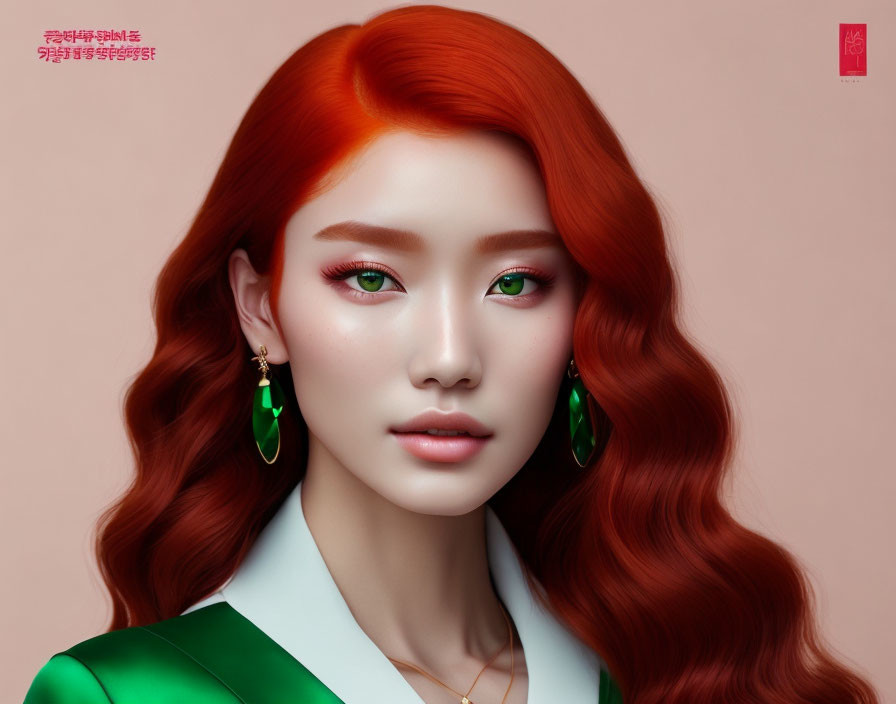 Vibrant red hair woman portrait with green eyes and earrings in white top