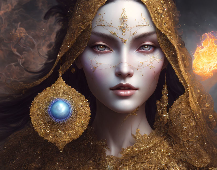 Fantasy portrait of woman with gold headdress and mystical orb