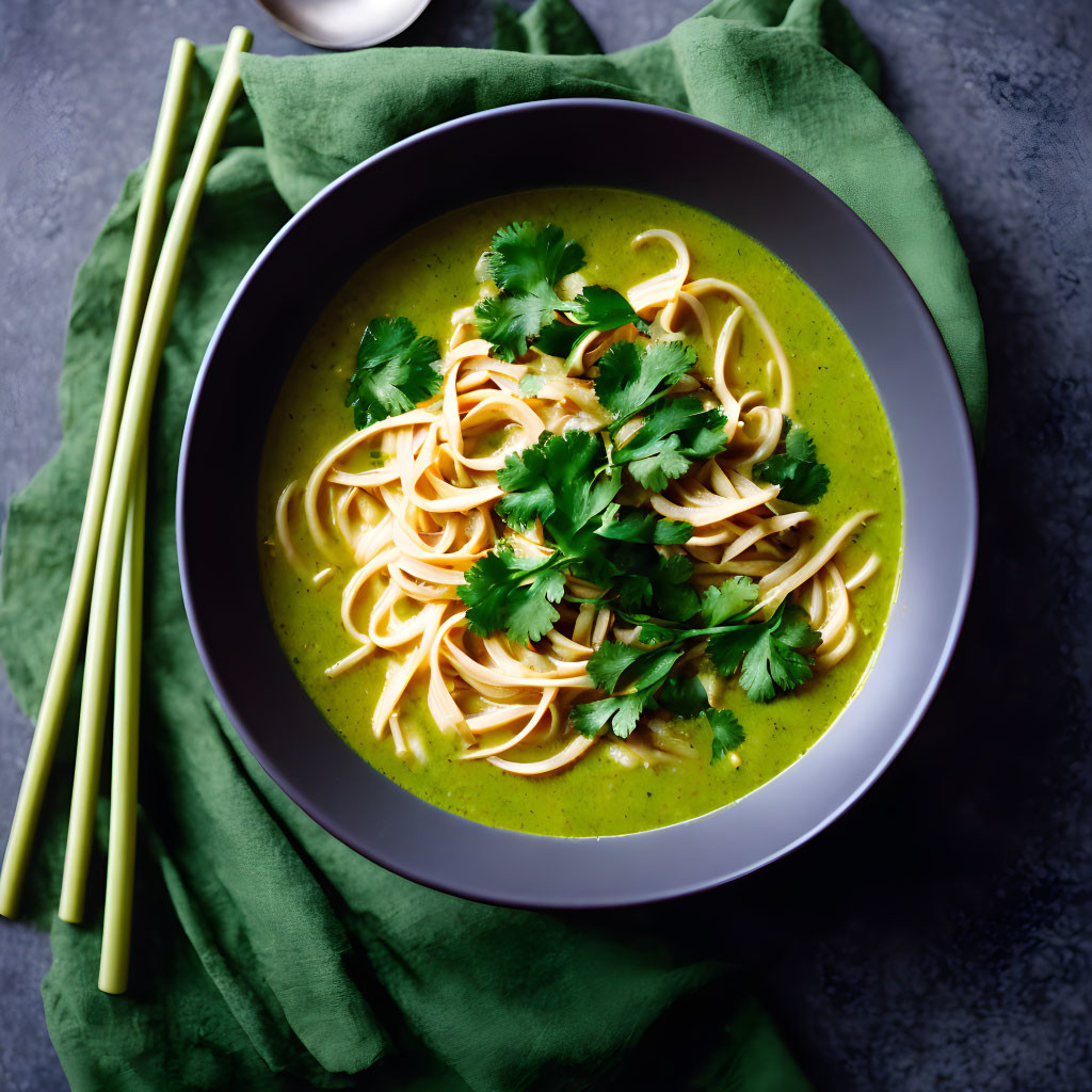Vibrant Green Soup with Noodles, Cilantro, Chopsticks, and Spoon on Green