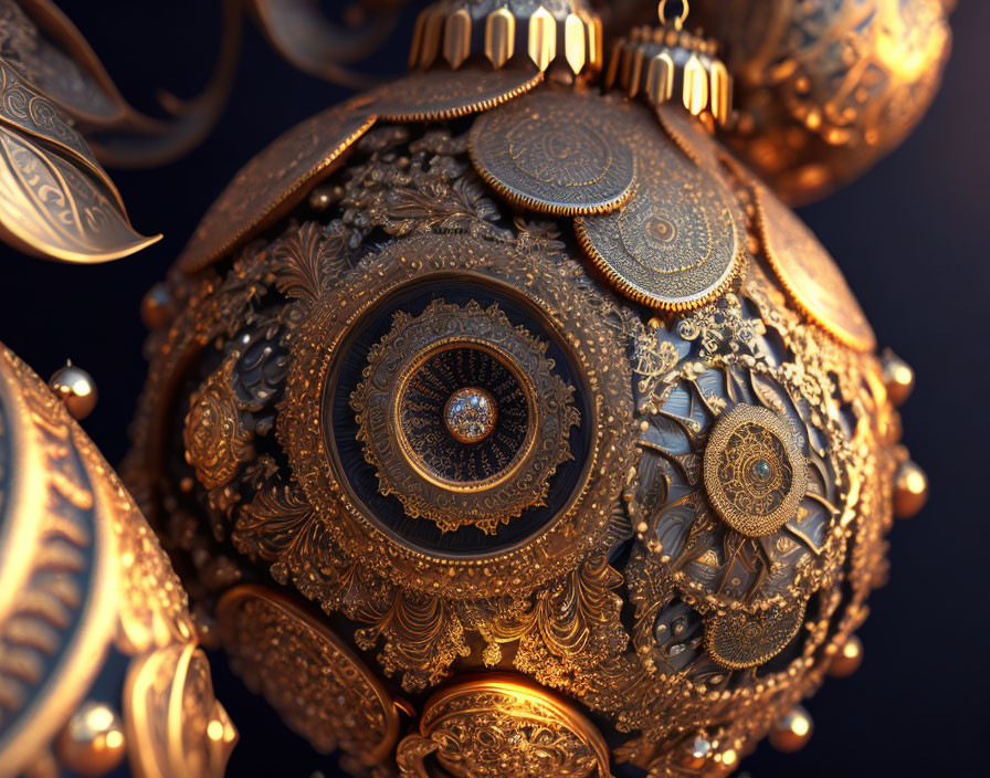 Intricate Golden Sphere with Metallic Patterns and Gemstones