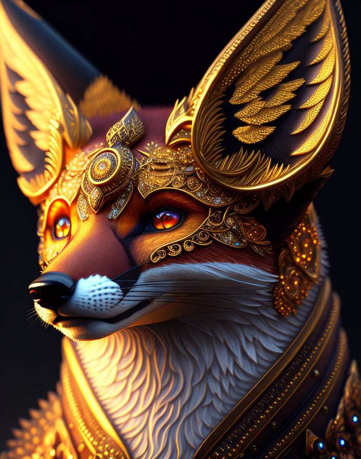 Intricately designed digital artwork of a fox with golden headgear and jewelry on dark background
