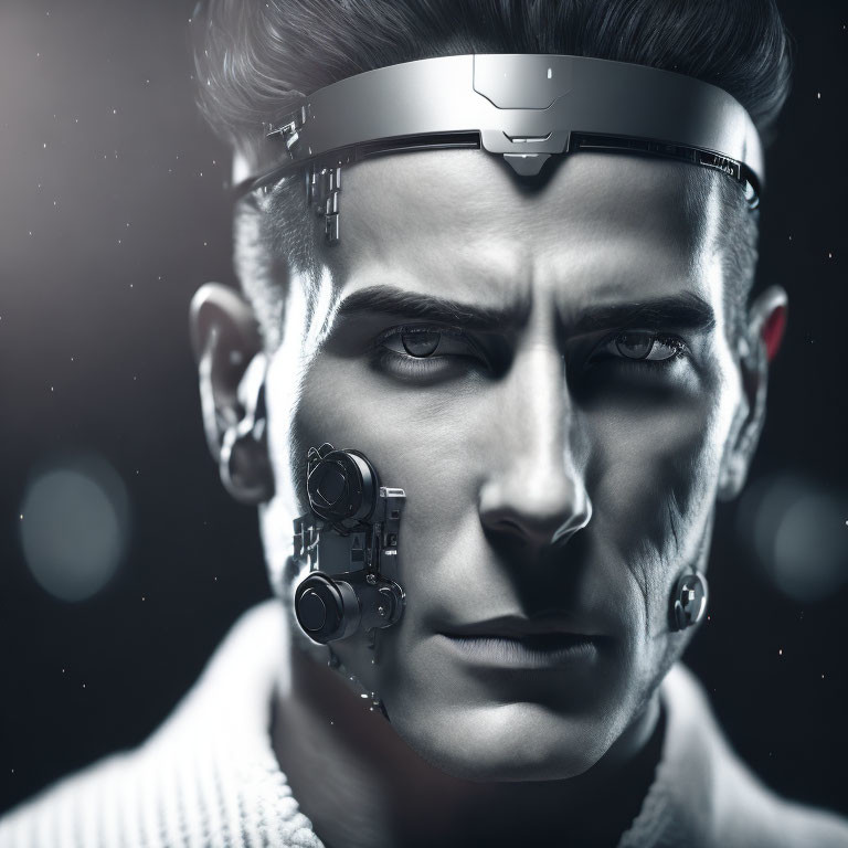 Futuristic male with cybernetic eye and high-tech headband.