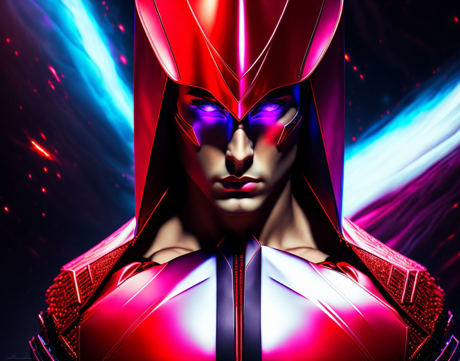 Futuristic character in red and blue armor with glowing violet eyes against dynamic light trails