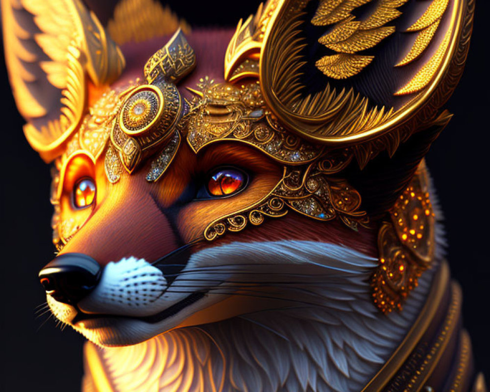 Intricately designed digital artwork of a fox with golden headgear and jewelry on dark background