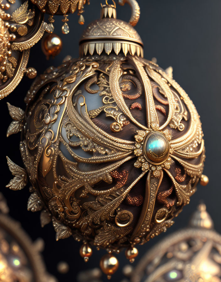 Bronze-colored Christmas bauble with intricate filigree patterns and gemstone surrounded by festive decorations