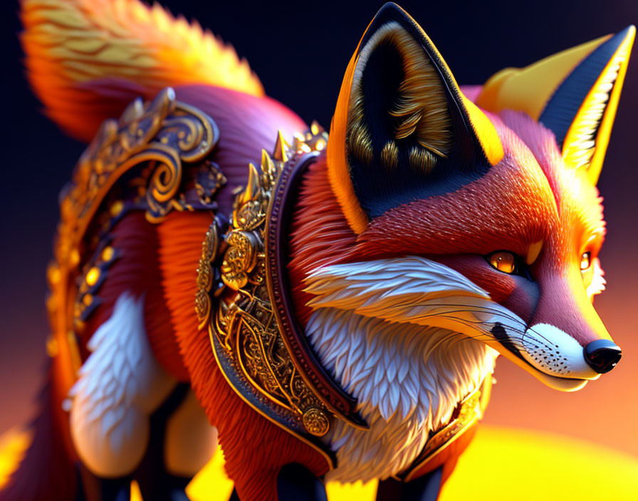 Stylized 3D Red Fox Illustration in Golden Armor on Dramatic Background