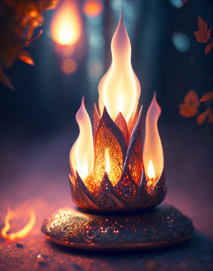 Intricate Flame-shaped Candle Among Autumn Leaves