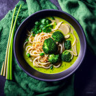 Vibrant Green Soup with Noodles, Cilantro, Chopsticks, and Spoon on Green