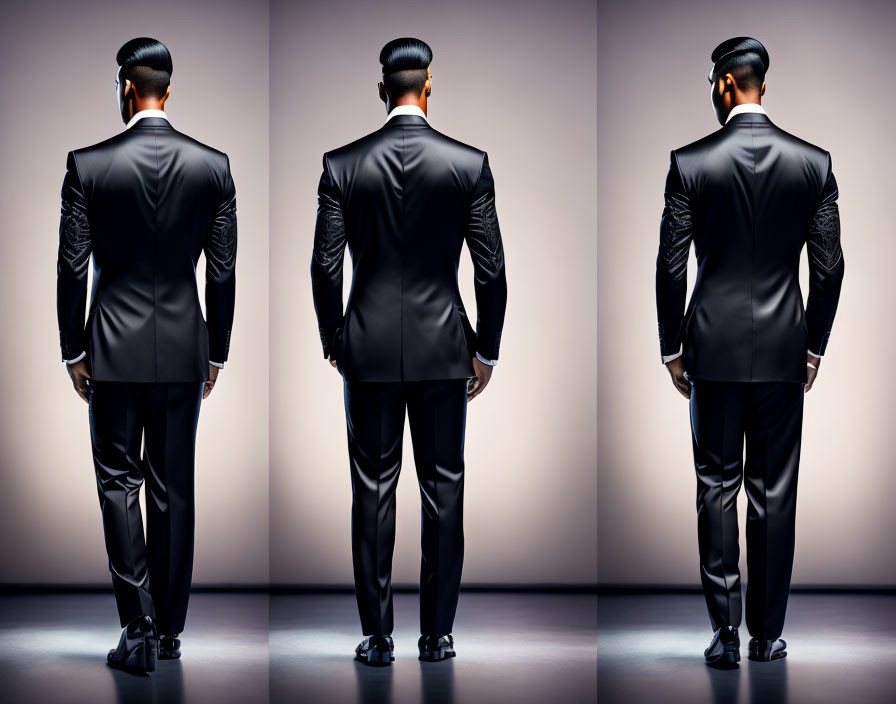 Man in Black Suit: Three Stylish Poses on Gradient Background