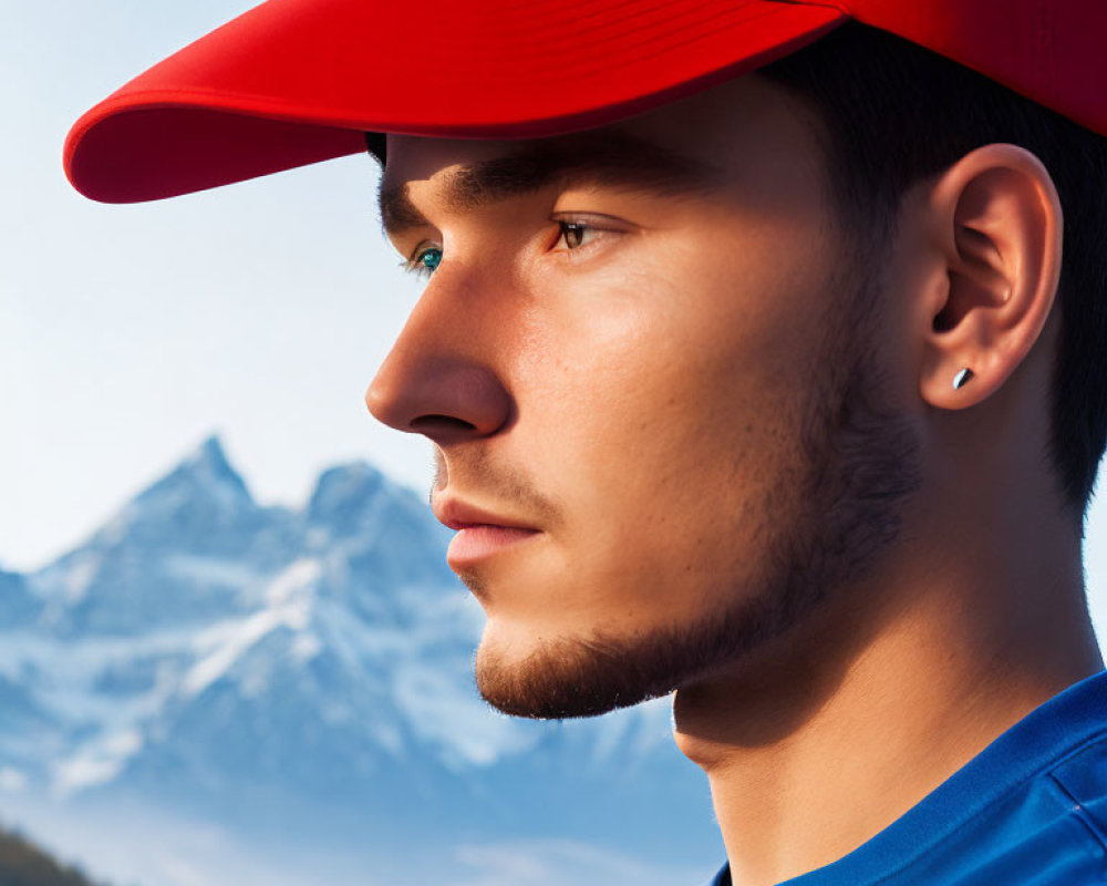 Young man in red cap and blue shirt against majestic mountain backdrop