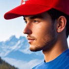 Young man in red cap and blue shirt against majestic mountain backdrop
