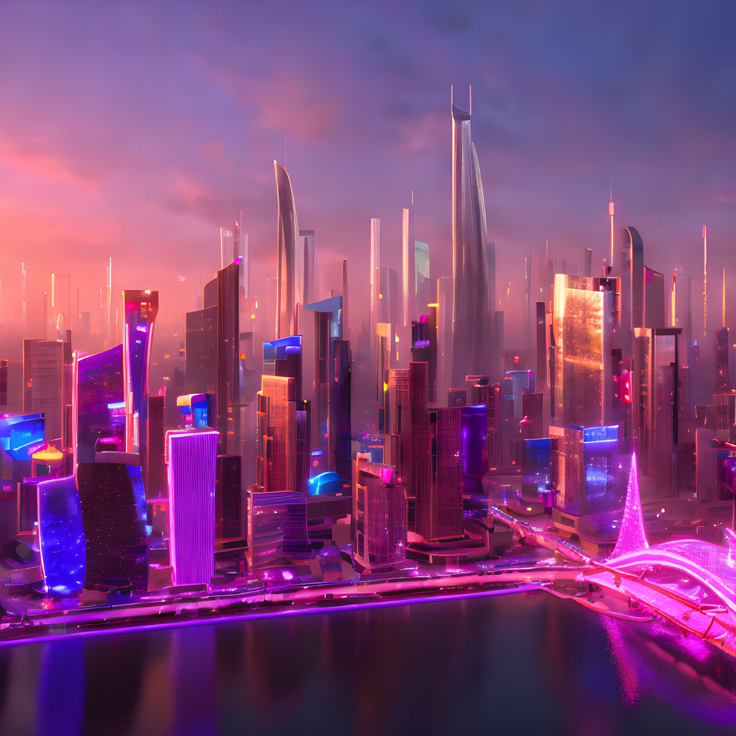 Futuristic cityscape with neon lights, modern skyscrapers, and tranquil river at dusk