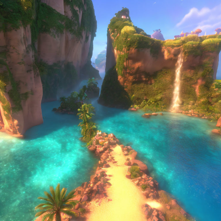 Tranquil Tropical Cove with Turquoise Waters & Towering Cliffs