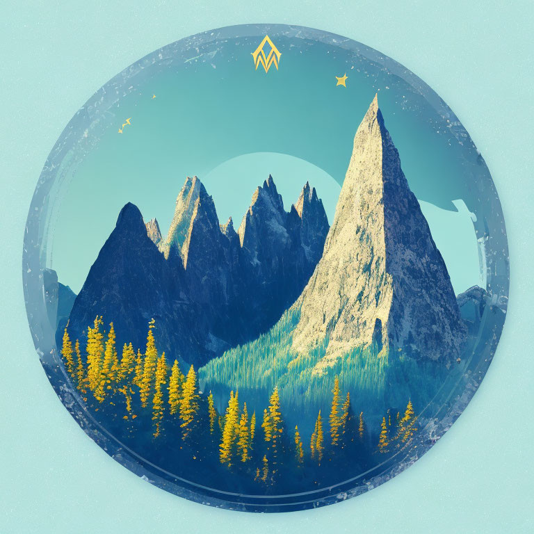 Circular mountain scene with sharp peaks and yellow trees in blue-green palette