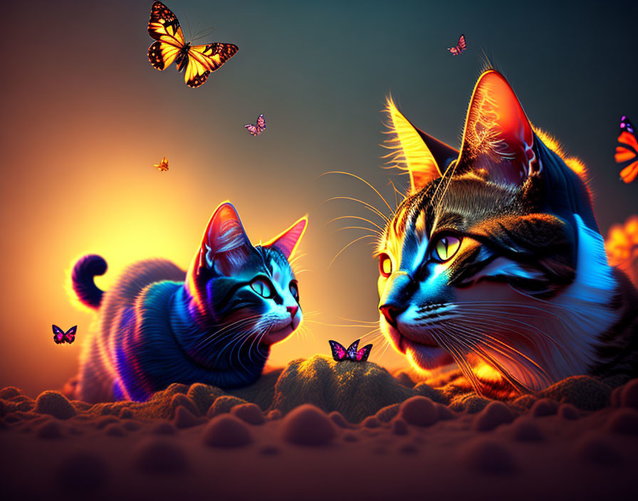 Vibrantly colored stylized cats with glowing eyes in orange backdrop.