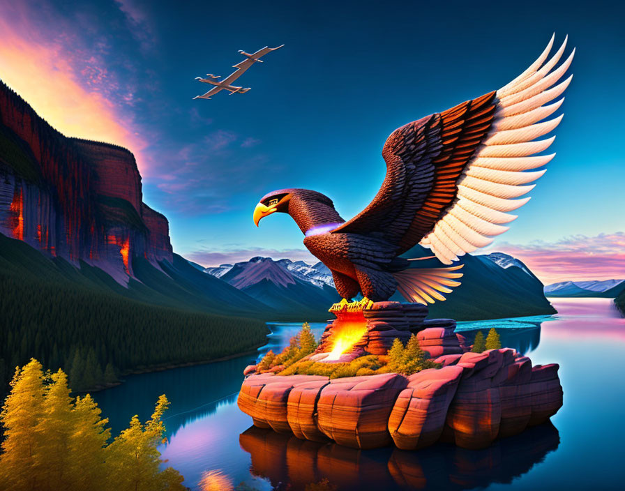 Oversized eagle perched on rocky island with autumn trees, mountains, lake, and crossing airplanes