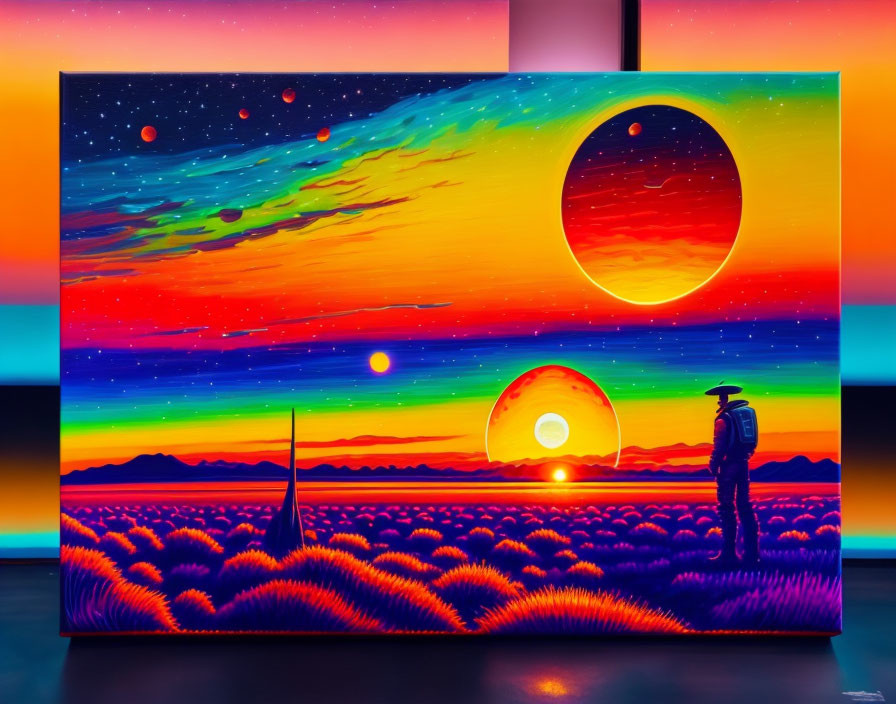 Surreal landscape with celestial bodies and vibrant colors