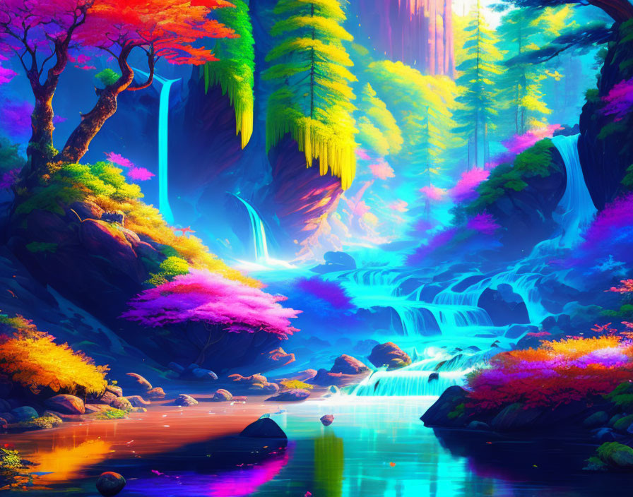 Colorful Fantasy Forest with Waterfalls and Glowing Flora