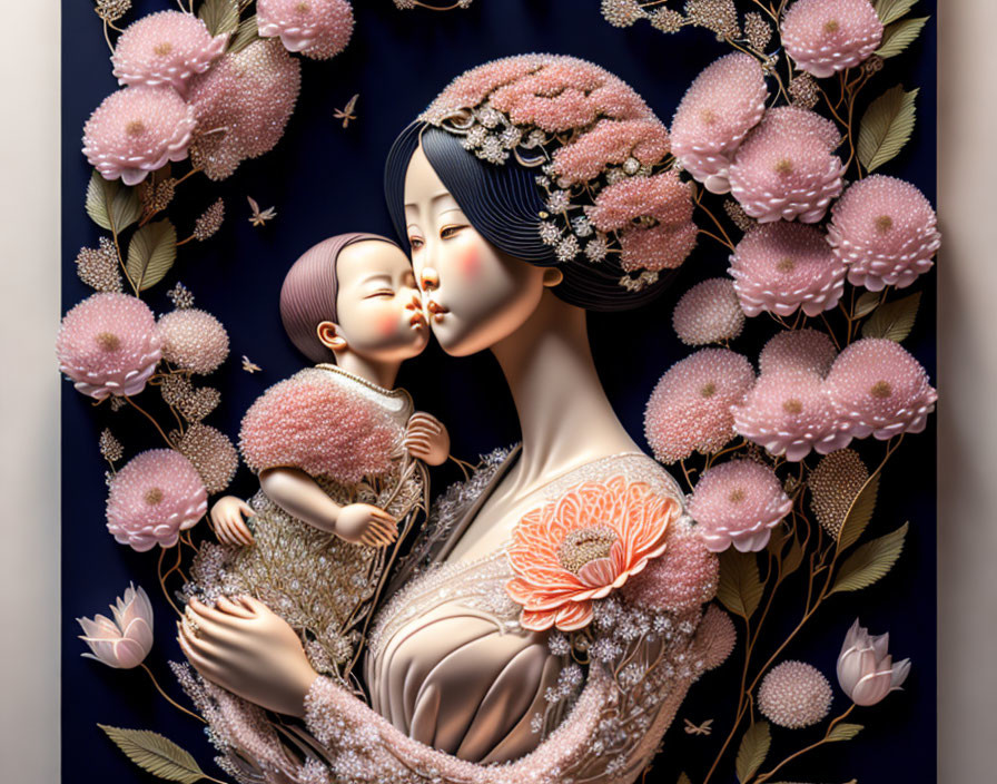 Digital art: Mother and child in traditional attire with pink flowers and starry sky