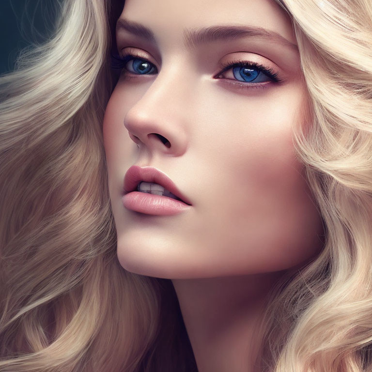 Blonde woman portrait with blue eyes and pink lips
