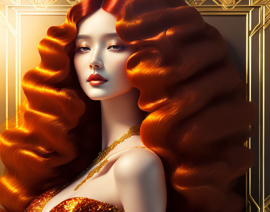 Illustration of woman with voluminous red hair and golden dress in regal setting