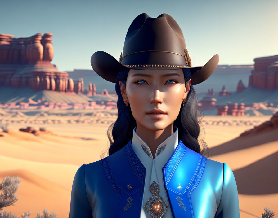 Blue-eyed female character in cowboy hat and outfit in desert landscape