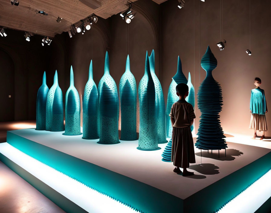 Large Turquoise Sculptures Resembling Vases in Art Gallery